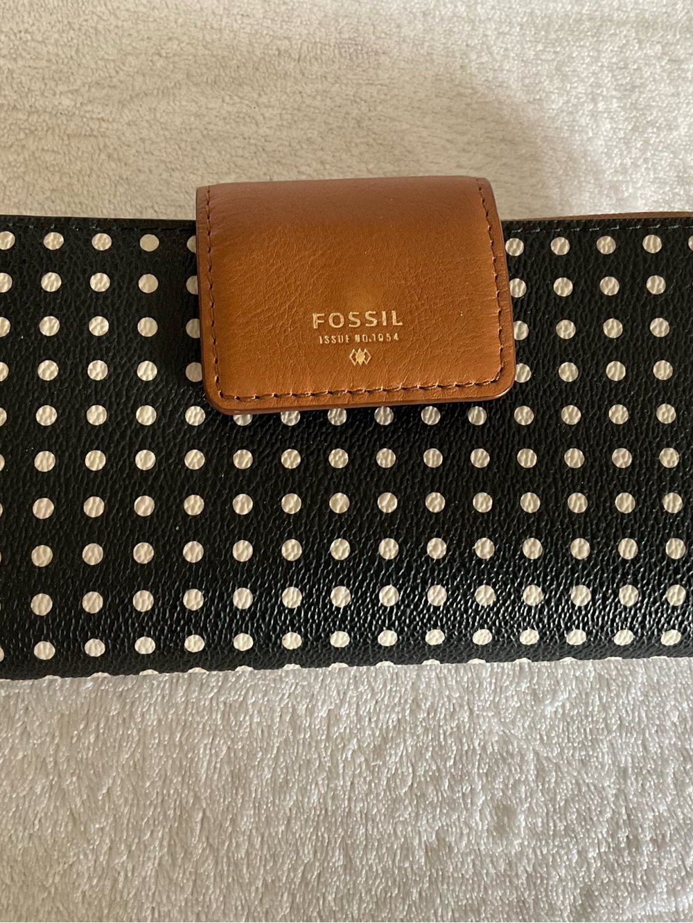 Fossil Black and White Polka Dot Wallet with Brown Leather Tab